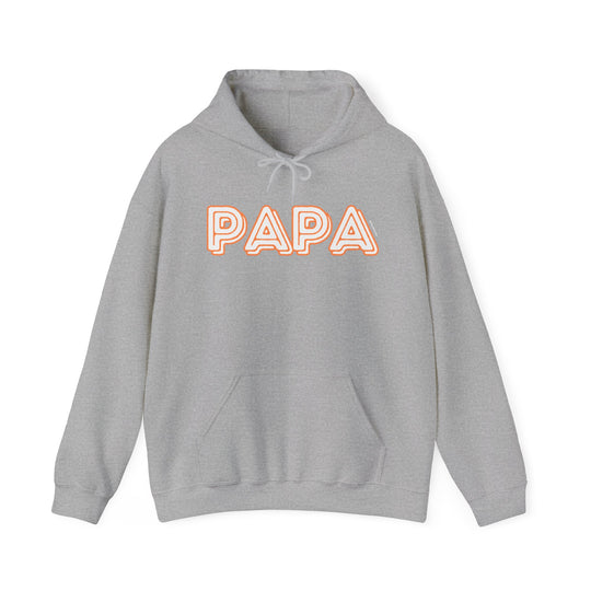 A grey Papa Hoodie sweatshirt with orange letters, a cozy blend of cotton and polyester, featuring a kangaroo pocket and matching drawstring hood. Unisex, warm, and stylish for chilly days.