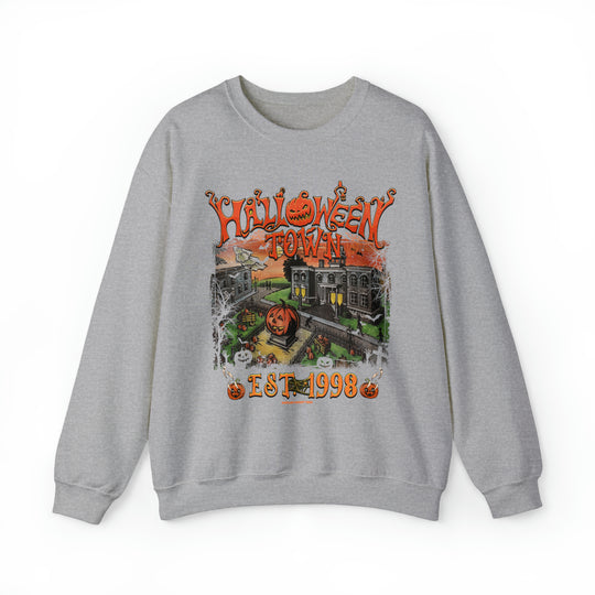 Unisex Halloweentown Crew sweatshirt with cartoon graphic design. Heavy blend fabric, ribbed knit collar, no itchy seams. Ideal for comfort, made of 50% cotton, 50% polyester. Sizes S-5XL.