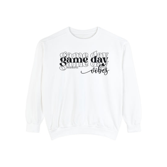 Unisex Game Day Vibes Crew sweatshirt in white with black text. Made of 80% ring-spun cotton and 20% polyester, featuring a relaxed fit and rolled-forward shoulder. From Worlds Worst Tees.