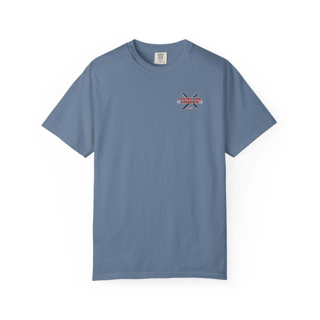 Defend the 2nd Tee, a durable, soft-washed garment-dyed t-shirt with a relaxed fit, made from 100% ring-spun cotton, offering comfort and style.
