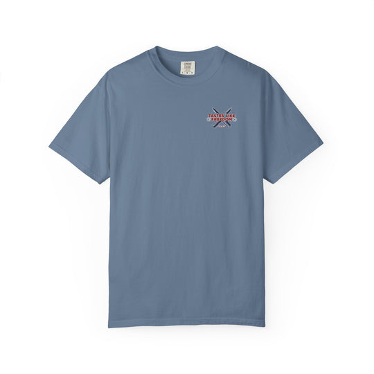 Defend the 2nd Tee, a durable, soft-washed garment-dyed t-shirt with a relaxed fit, made from 100% ring-spun cotton, offering comfort and style.