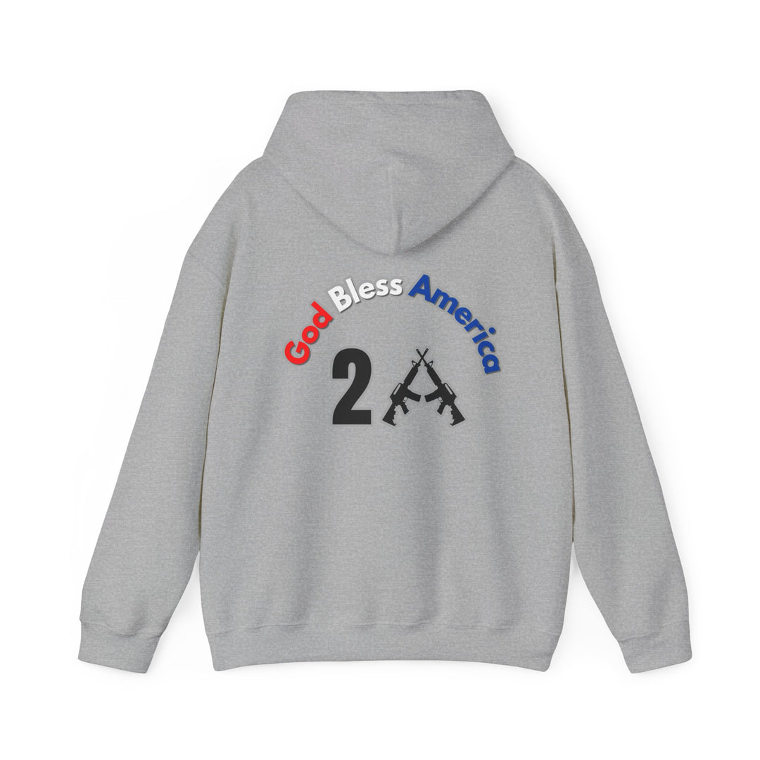 A grey hooded sweatshirt with a logo featuring text and guns, ideal for relaxation. Made of 50% cotton and 50% polyester, with a kangaroo pocket and drawstring hood. From Worlds Worst Tees, the God Bless America 2A Hoodie.