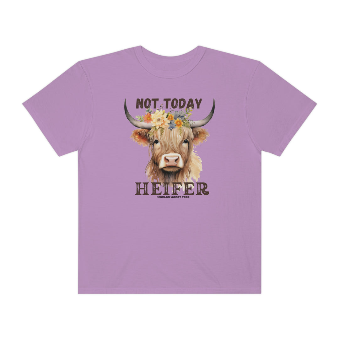 Relaxed fit Not Today Heifer Tee, purple shirt featuring a cow with a flower crown. 100% ring-spun cotton, garment-dyed for coziness. Durable double-needle stitching, tubular shape. From Worlds Worst Tees.