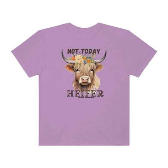 Relaxed fit Not Today Heifer Tee, purple shirt featuring a cow with a flower crown. 100% ring-spun cotton, garment-dyed for coziness. Durable double-needle stitching, tubular shape. From Worlds Worst Tees.