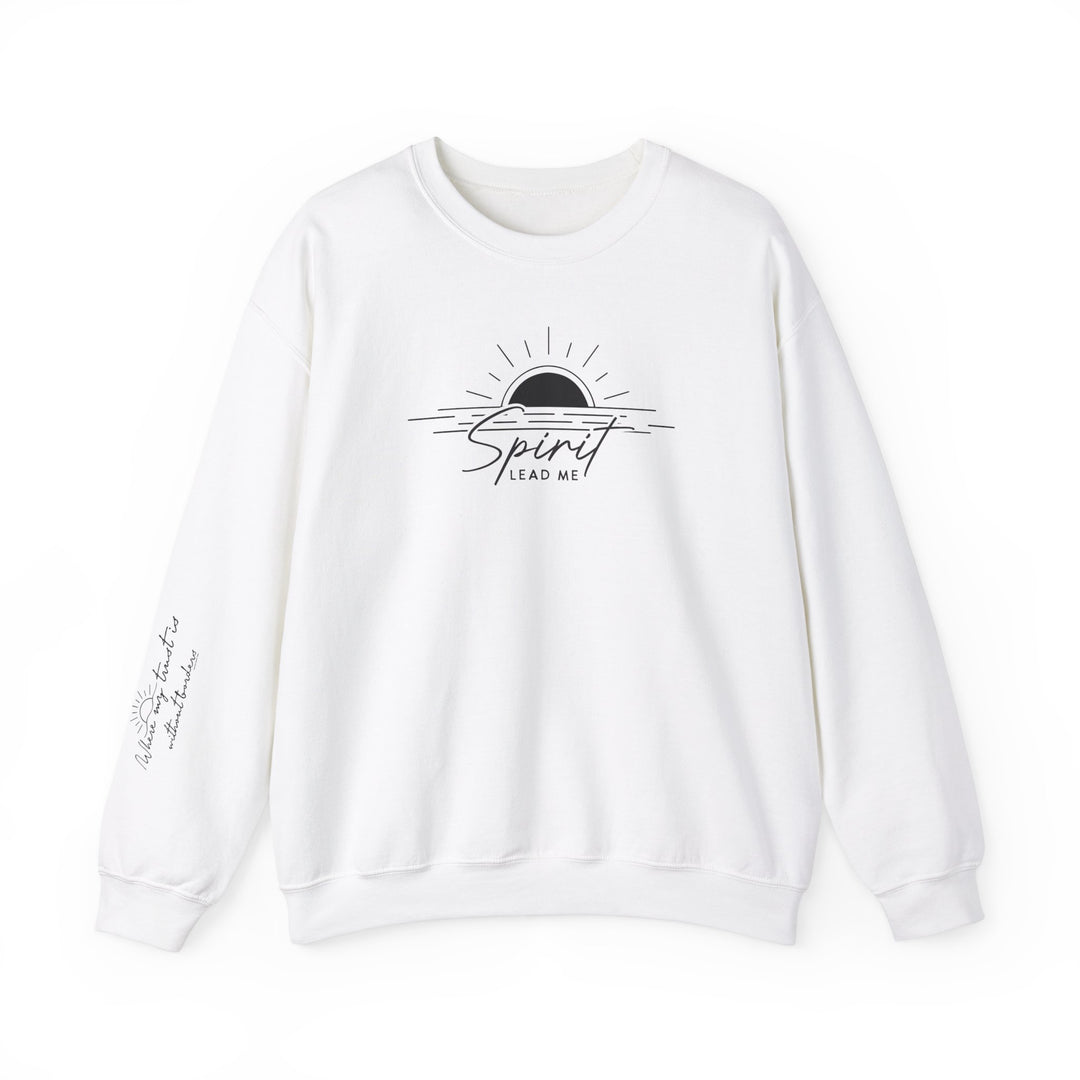 A unisex heavy blend crewneck sweatshirt, Spirit Lead me Crew, in white with a logo of a sun and water. Made from 50% cotton and 50% polyester for comfort and durability. No itchy side seams, ribbed knit collar, and double-needle stitching for quality. Ethically grown US cotton.