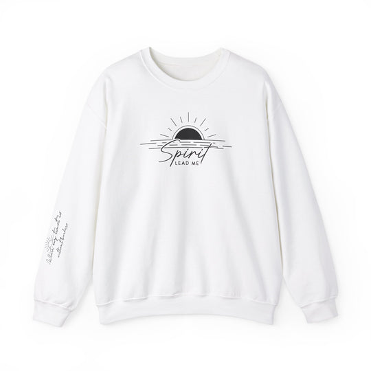 A unisex heavy blend crewneck sweatshirt, Spirit Lead me Crew, in white with a logo of a sun and water. Made from 50% cotton and 50% polyester for comfort and durability. No itchy side seams, ribbed knit collar, and double-needle stitching for quality. Ethically grown US cotton.