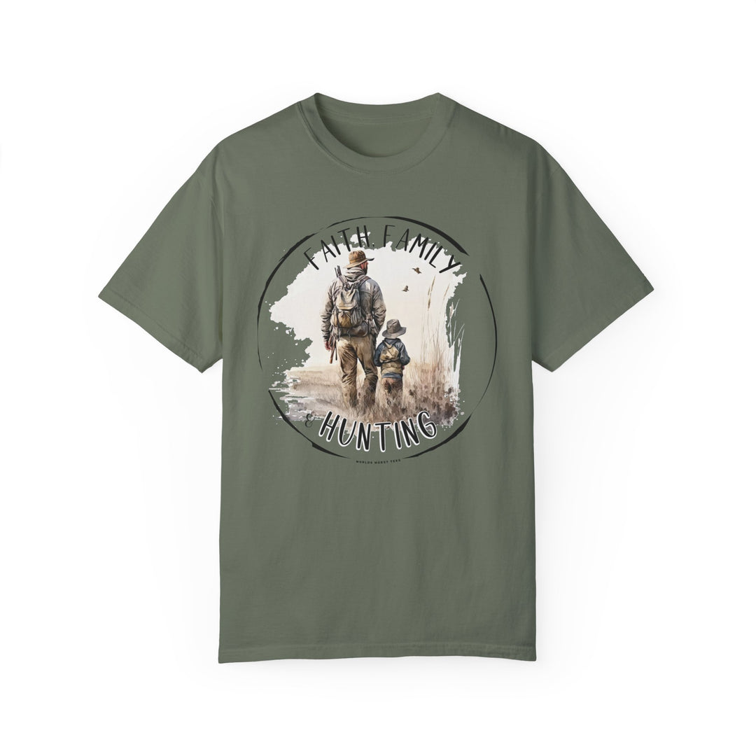 A ring-spun cotton Faith Family Hunting Tee, featuring a man and child design. Garment-dyed for extra coziness, with double-needle stitching for durability and a relaxed fit. Ideal for daily wear.