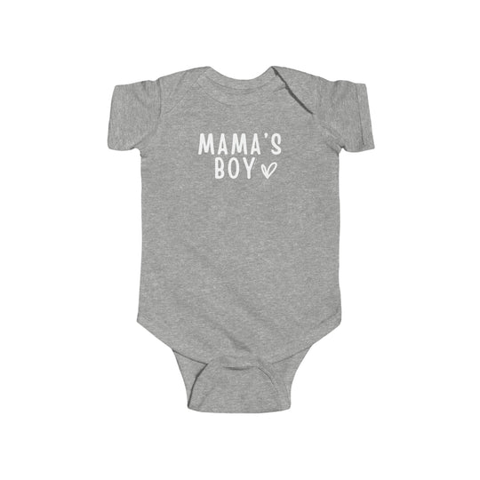 A grey baby bodysuit with white text, featuring Mama's Boy Onesie. Soft and durable 100% cotton fabric, ribbed knitting for durability, plastic snaps for easy changing. From Worlds Worst Tees.