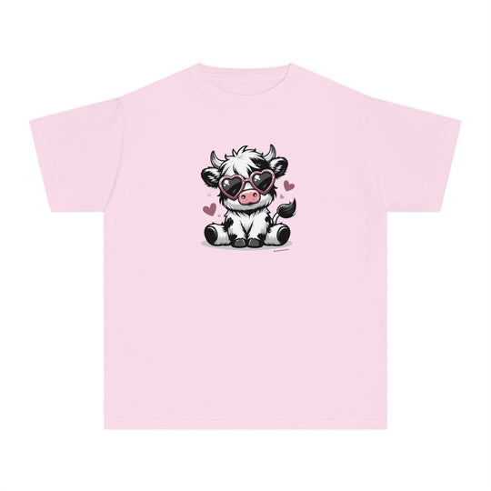 Cute Cow Kids Tee: Pink shirt with a cartoon cow in sunglasses. Active kid's t-shirt in 100% cotton, soft-washed, and garment-dyed for comfort and agility. Classic fit for all-day wear.