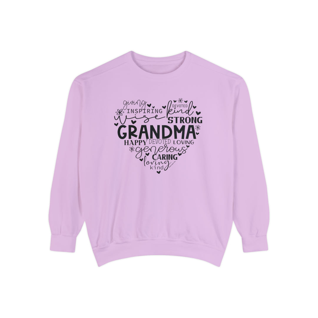 Unisex Grandma Crew sweatshirt in pink with black text. Made of 80% ring-spun cotton and 20% polyester, featuring a relaxed fit and rolled-forward shoulder. From Worlds Worst Tees.