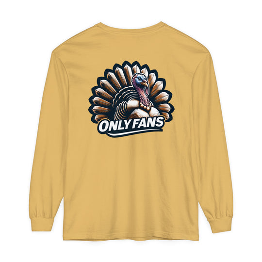 A yellow long-sleeve shirt featuring a turkey design, perfect for casual wear. Made of 100% ring-spun cotton with a relaxed fit for comfort. Product title: Only Fans Hunting Long Sleeve T-Shirt.