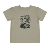 My GOD is So Big Toddler Tee, a comfortable Bella Canvas t-shirt for toddlers, featuring 100% Airlume cotton and a tear-away label for everyday wear.