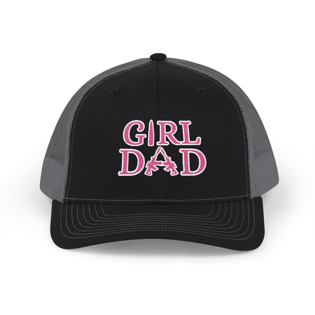 Girl Dad Snapback Trucker Cap with pink embroidery, featuring a black and grey design, adjustable snap closure, and breathable mesh back.
