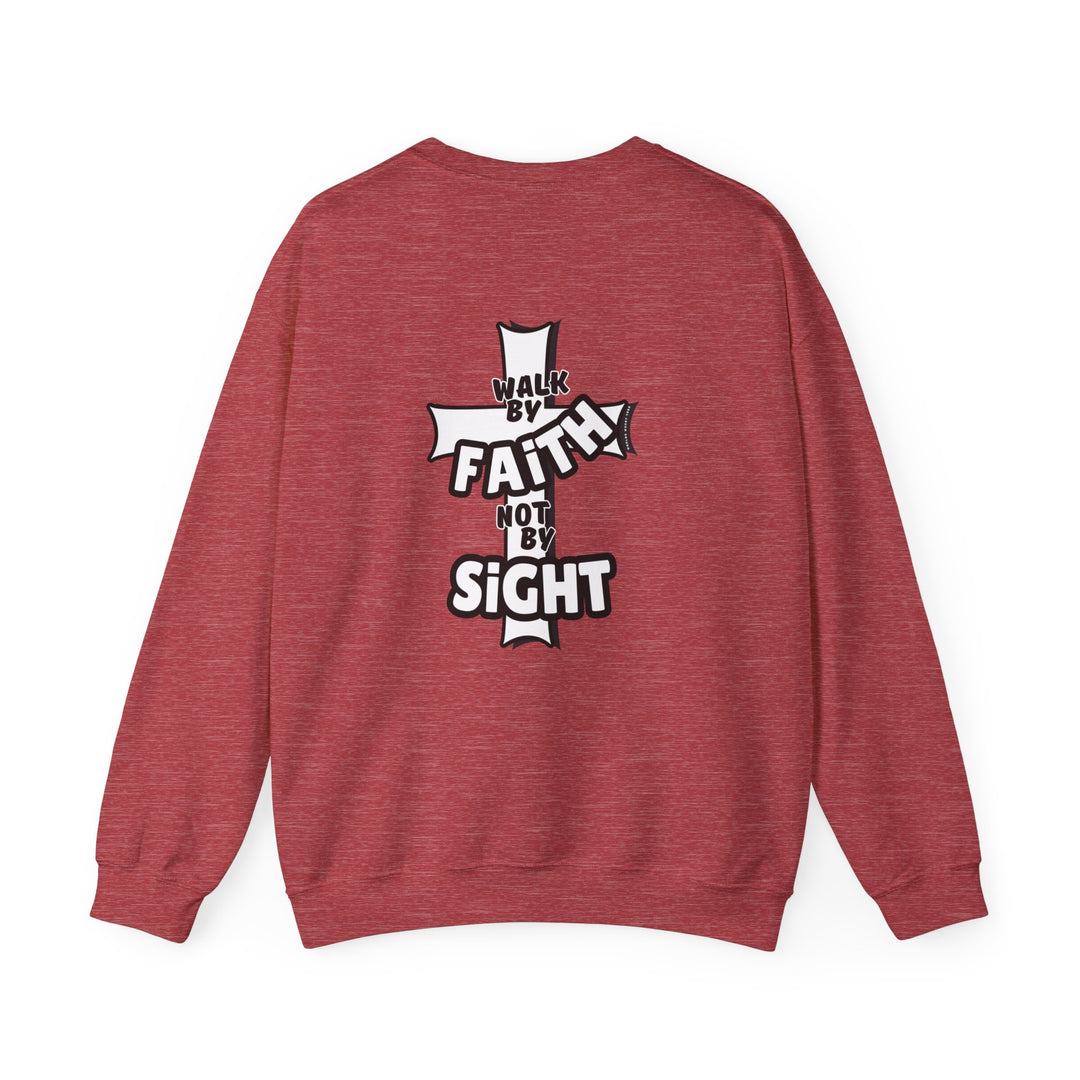 A heavy blend crewneck sweatshirt featuring Walk By Faith Not By Sight text. Unisex, comfortable, ribbed knit collar, no itchy seams. 50% Cotton 50% Polyester, loose fit, sewn-in label.