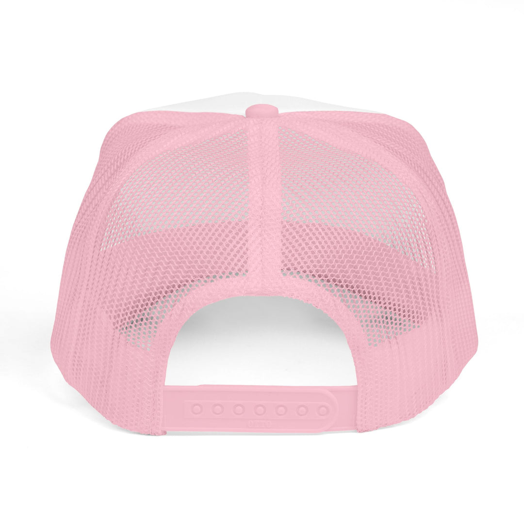 Back view of the He's Hunting. Foam Trucker Hat (Embroidery) with pink mesh panels and adjustable pink snap closure, showcasing its structured, high-profile design.