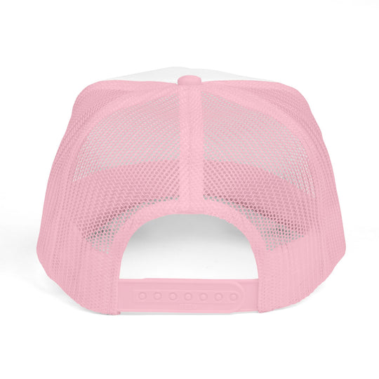 Back view of the He's Hunting. Foam Trucker Hat (Embroidery) with pink mesh panels and adjustable pink snap closure, showcasing its structured, high-profile design.