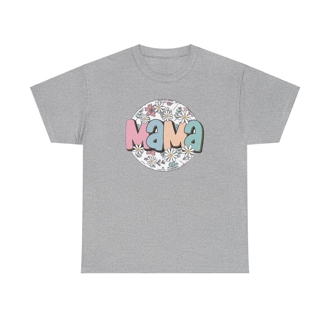 Unisex heavy cotton tee with no side seams, ribbed collar, and durable tape on shoulders. Classic fit Sassy Mama Flower Tee in grey with logo. Medium weight fabric. Sizes S-5XL.