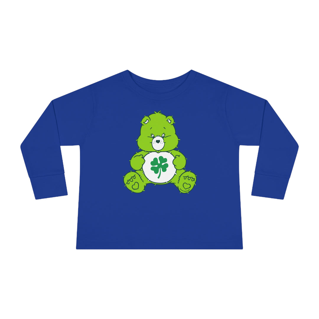 A custom Lucky Bear Toddler Long Sleeve Tee featuring a green bear with a clover, designed for the youngest with durable 100% combed ringspun cotton. Unisex fit, topstitched ribbed collar, and EasyTear™ label for comfort.