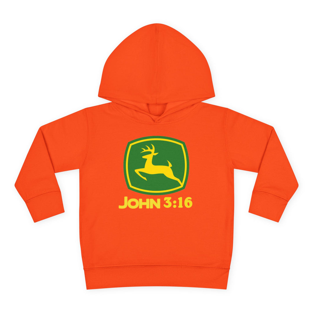 John 3:16 Toddler Hoodie featuring a leaping deer emblem, designed for comfort with a durable hood, side-seam pockets, and cover-stitched details.