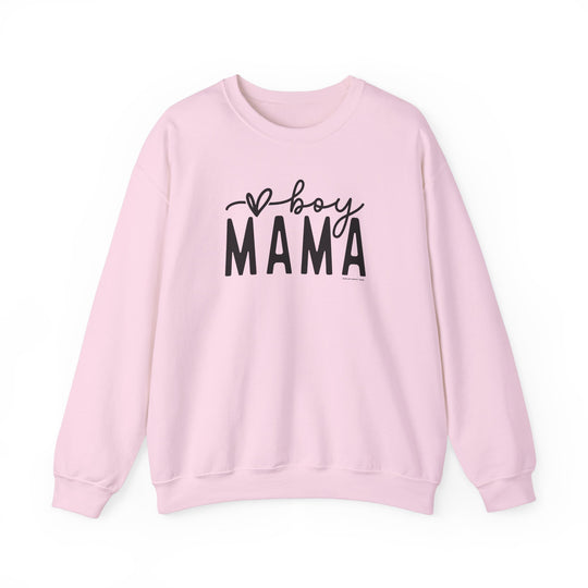 A Boy Mama Crew unisex heavy blend crewneck sweatshirt in pink with black text. Made of 50% cotton and 50% polyester, featuring ribbed knit collar and a loose fit. Ideal for comfort in any situation.