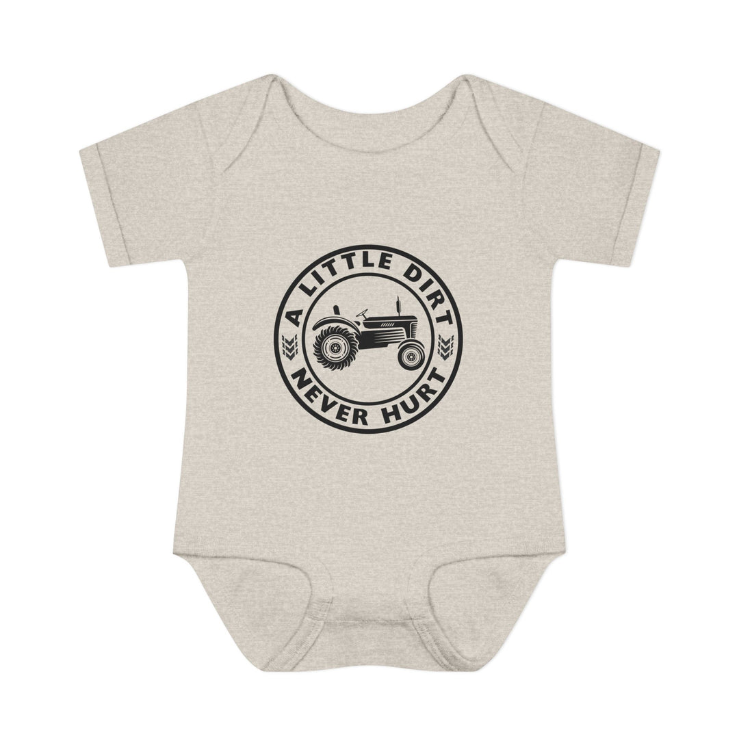 Baby onesie with tractor emblem and A LITTLE DIRT NEVER HURT. Perfect for infants, featuring lap shoulders and soft, 100% combed ringspun cotton for comfort.