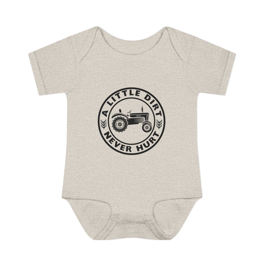 Baby onesie with tractor emblem and A LITTLE DIRT NEVER HURT. Perfect for infants, featuring lap shoulders and soft, 100% combed ringspun cotton for comfort.