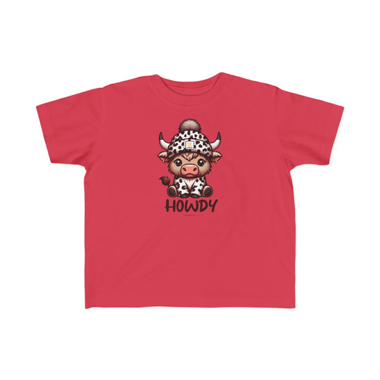 A Howdy Toddler Tee featuring a red shirt with a cartoon cow, perfect for sensitive skin. 100% combed ringspun cotton, light fabric, tear-away label, classic fit. Sizes: 2T, 3T, 4T, 5-6T.