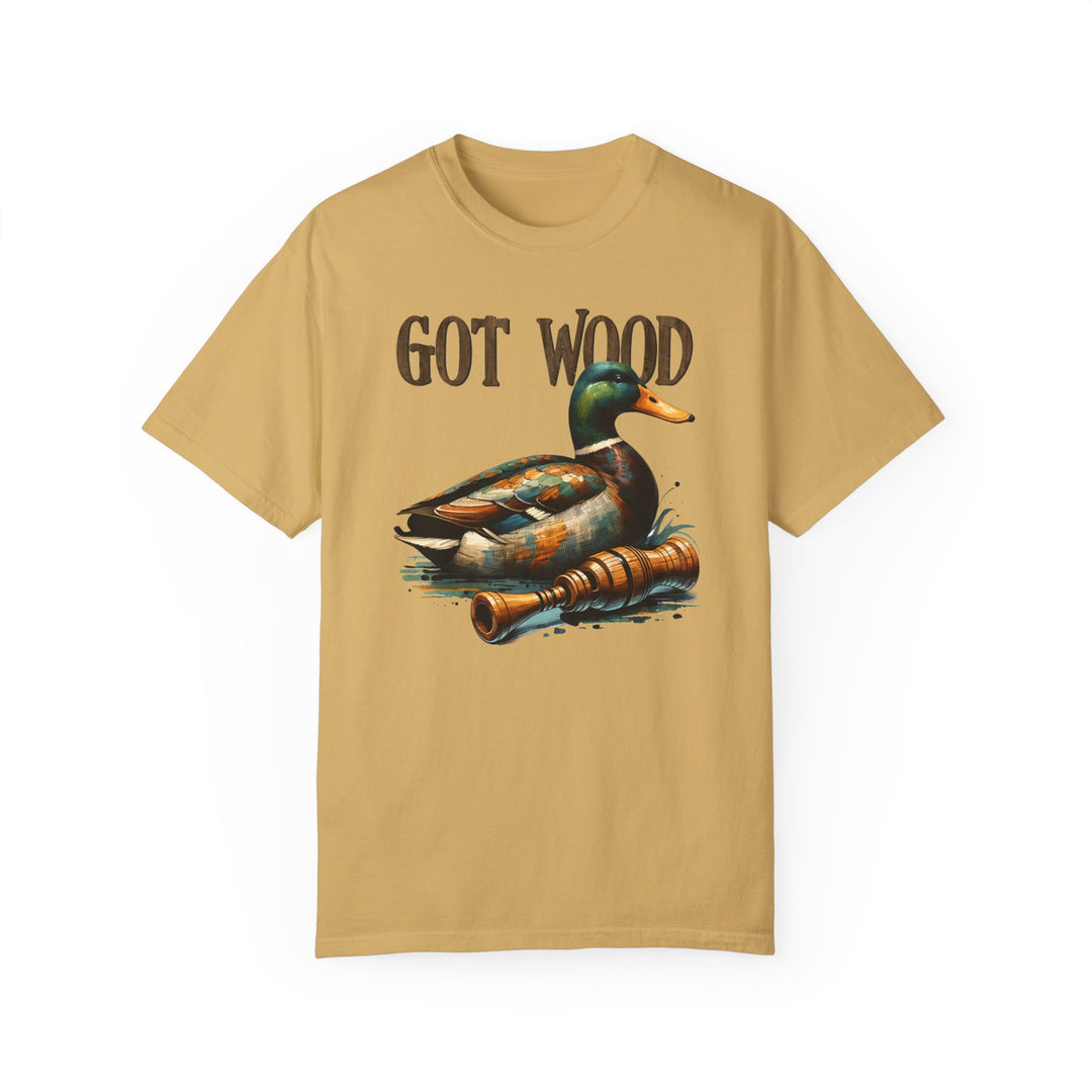 A relaxed fit Got Wood Tee, garment-dyed with ring-spun cotton for coziness. Double-needle stitching enhances durability, while side-seam absence maintains shape. From Worlds Worst Tees.