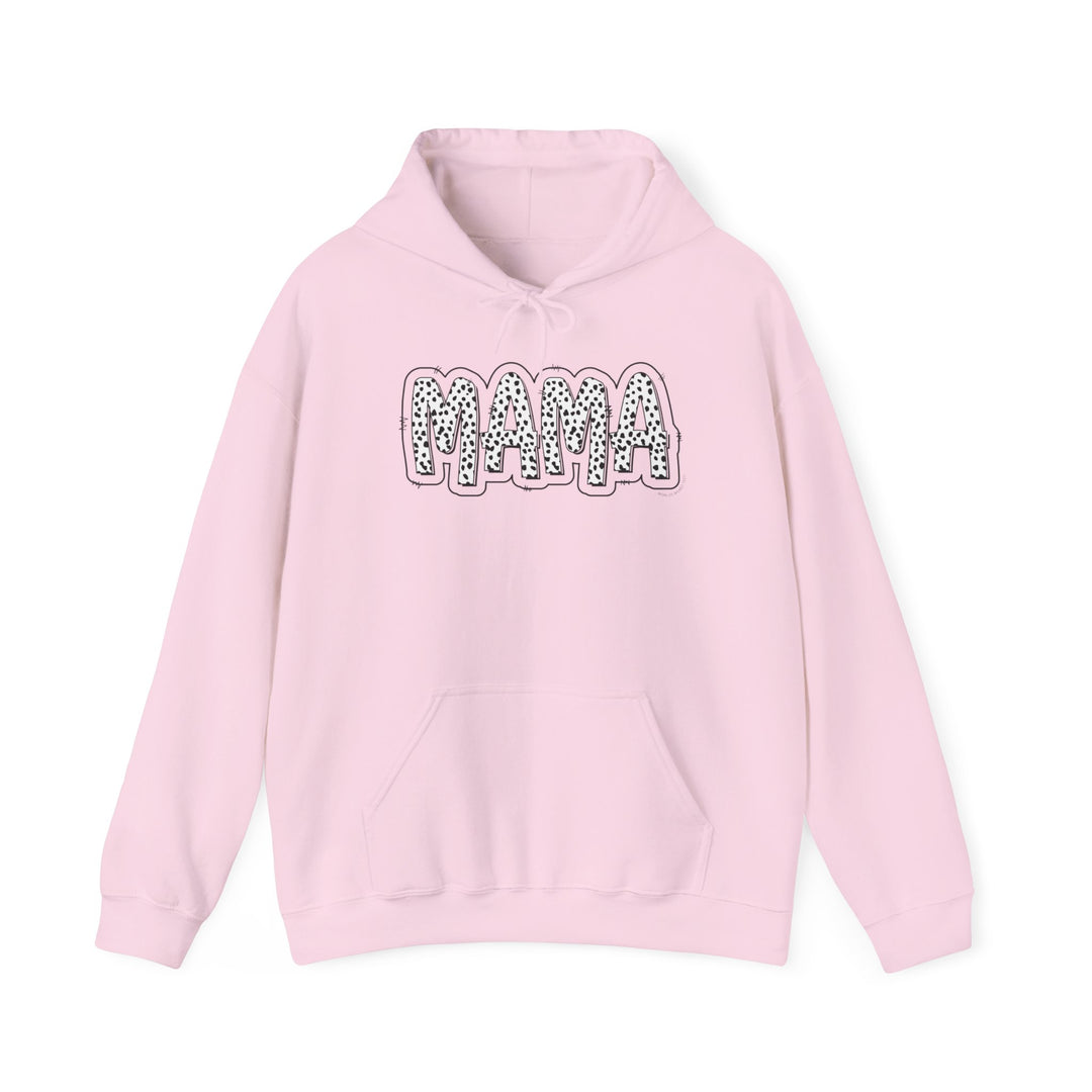 A pink unisex heavy blend hooded sweatshirt featuring a Mama print design. Made of 50% cotton and 50% polyester, with a kangaroo pocket and drawstring hood. Classic fit, tear-away label, and medium-heavy fabric.