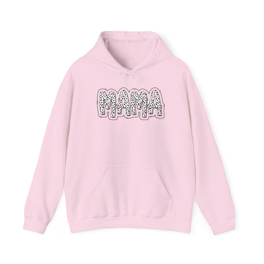 A pink unisex heavy blend hooded sweatshirt featuring a Mama print design. Made of 50% cotton and 50% polyester, with a kangaroo pocket and drawstring hood. Classic fit, tear-away label, and medium-heavy fabric.