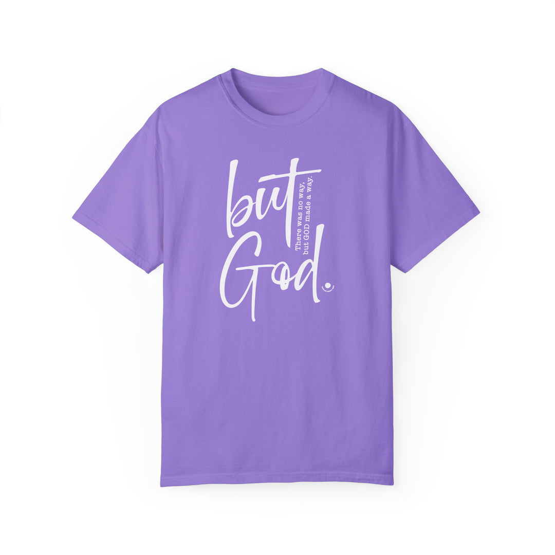 Relaxed fit But God Tee, garment-dyed 100% ring-spun cotton shirt. Soft-washed with double-needle stitching for durability. No side-seams for a tubular shape. Sizes: S-3XL.