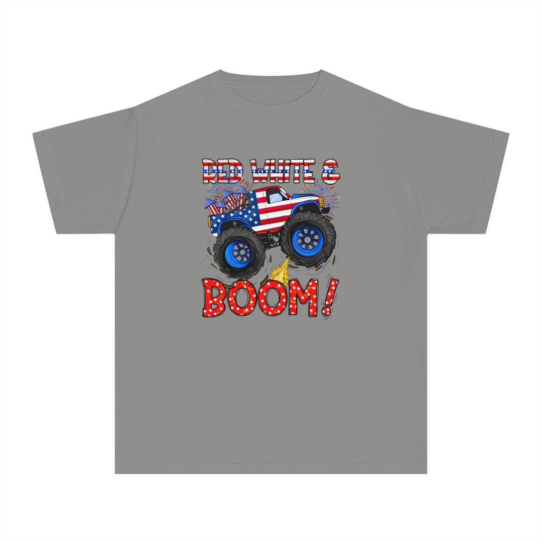 Kid's Red White and Boom truck tee in classic fit, 100% combed ringspun cotton. Soft-washed, garment-dyed fabric for comfort and agility. Perfect for active play or study time. Dimensions: XS - XL.