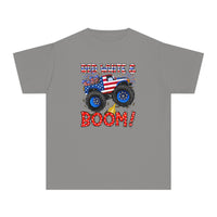 Kid's Red White and Boom truck tee in classic fit, 100% combed ringspun cotton. Soft-washed, garment-dyed fabric for comfort and agility. Perfect for active play or study time. Dimensions: XS - XL.
