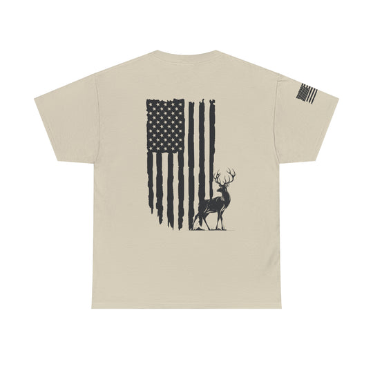 American Hunter Tee: Men's premium fitted short sleeve shirt featuring a flag and deer design. Comfy, light, ribbed knit collar, 100% cotton, roomy fit. Ideal for workouts or daily wear.