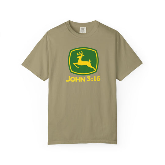 John 3:16 Tee featuring a parody John Deere logo with a yellow deer in a green shield, on a khaki crew-neck T-shirt.