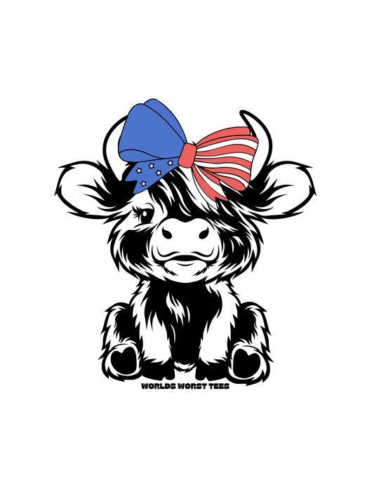 A toddler tee with a patriotic red, white, and blue bow design, perfect for 4th of July celebrations. Made of soft 100% combed ringspun cotton, light fabric, and a tear-away label. Ideal for sensitive skin.
