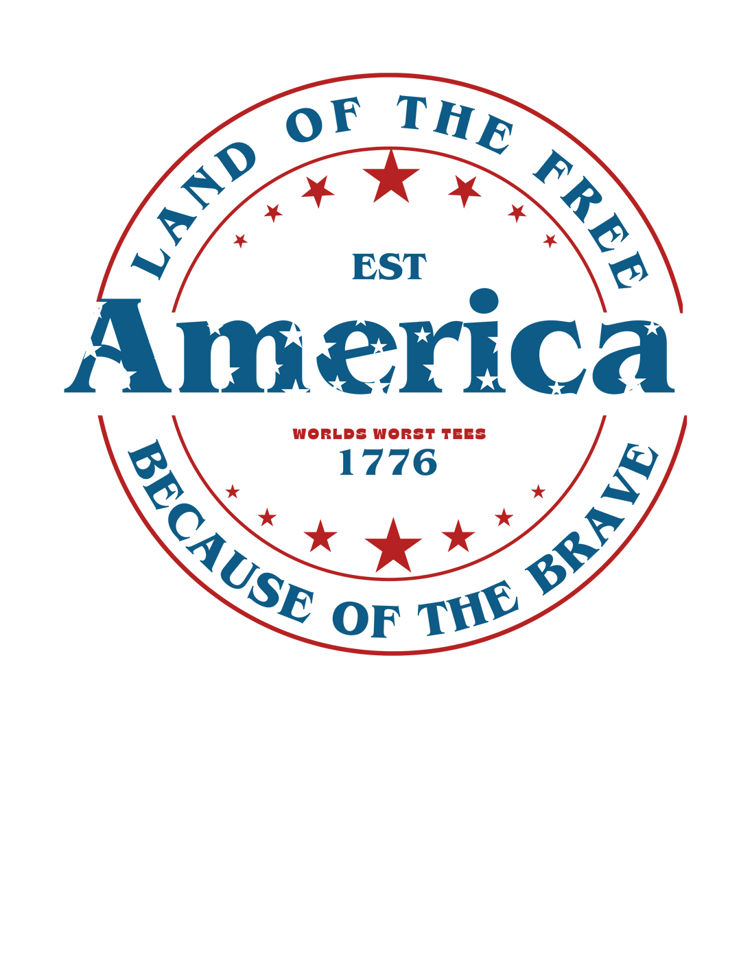 A classic unisex jersey tee featuring a patriotic America Land of the Free logo with stars. Soft cotton, ribbed knit collar, and shoulder taping for durability. 100% Airlume combed cotton, retail fit.