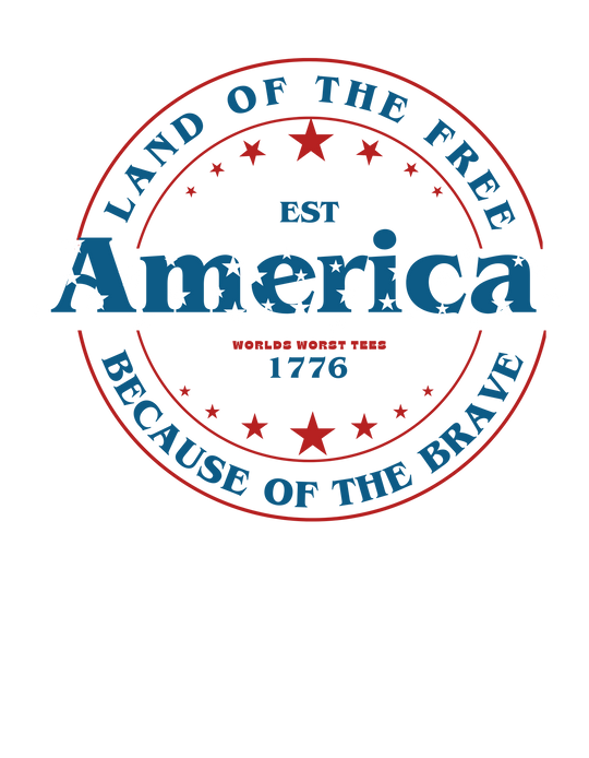 A classic unisex jersey tee featuring a patriotic America Land of the Free logo with stars. Soft cotton, ribbed knit collar, and shoulder taping for durability. 100% Airlume combed cotton, retail fit.