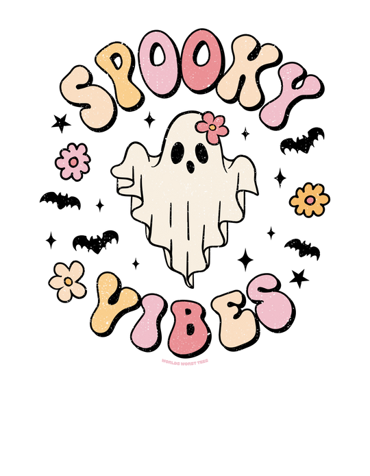A cartoon ghost with flowers and a pink letter b on a black background, representing the Spooky Vibes Toddler Long Sleeve Tee from Worlds Worst Tees. Made of 100% combed ringspun cotton, featuring topstitched ribbed collar and EasyTear™ label for comfort and durability.