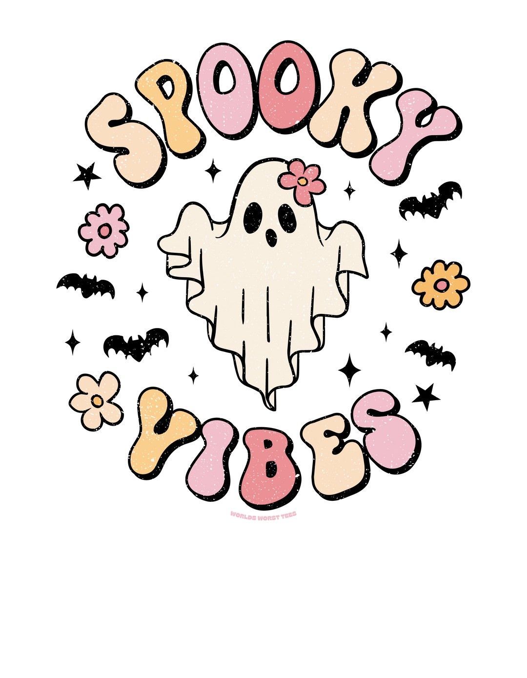 A spooky cartoon ghost adorned with flowers, embodying the Spooky Vibes Colorful Crew sweatshirt from Worlds Worst Tees. Unisex, heavy blend fabric, ribbed knit collar, and no itchy seams for ultimate comfort.