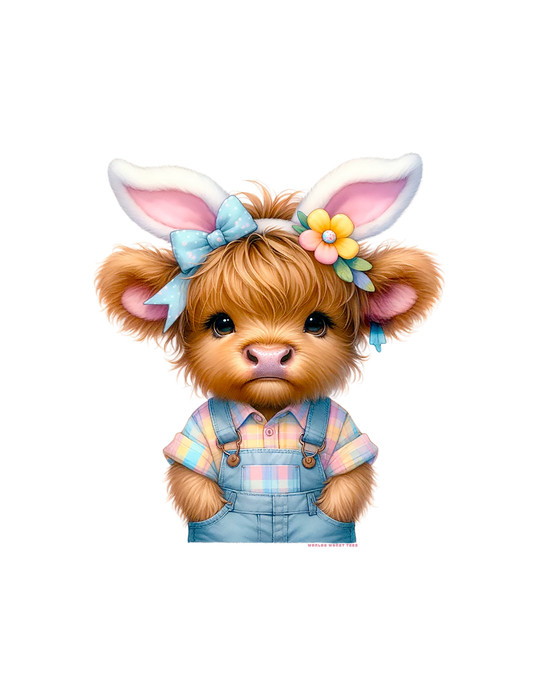 Easter Cow Toddler Tee featuring a cartoon cow in bunny ears and blue overalls. Soft, durable tee for sensitive skin, made of 100% combed ringspun cotton. Classic fit, tear-away label, and true to size.
