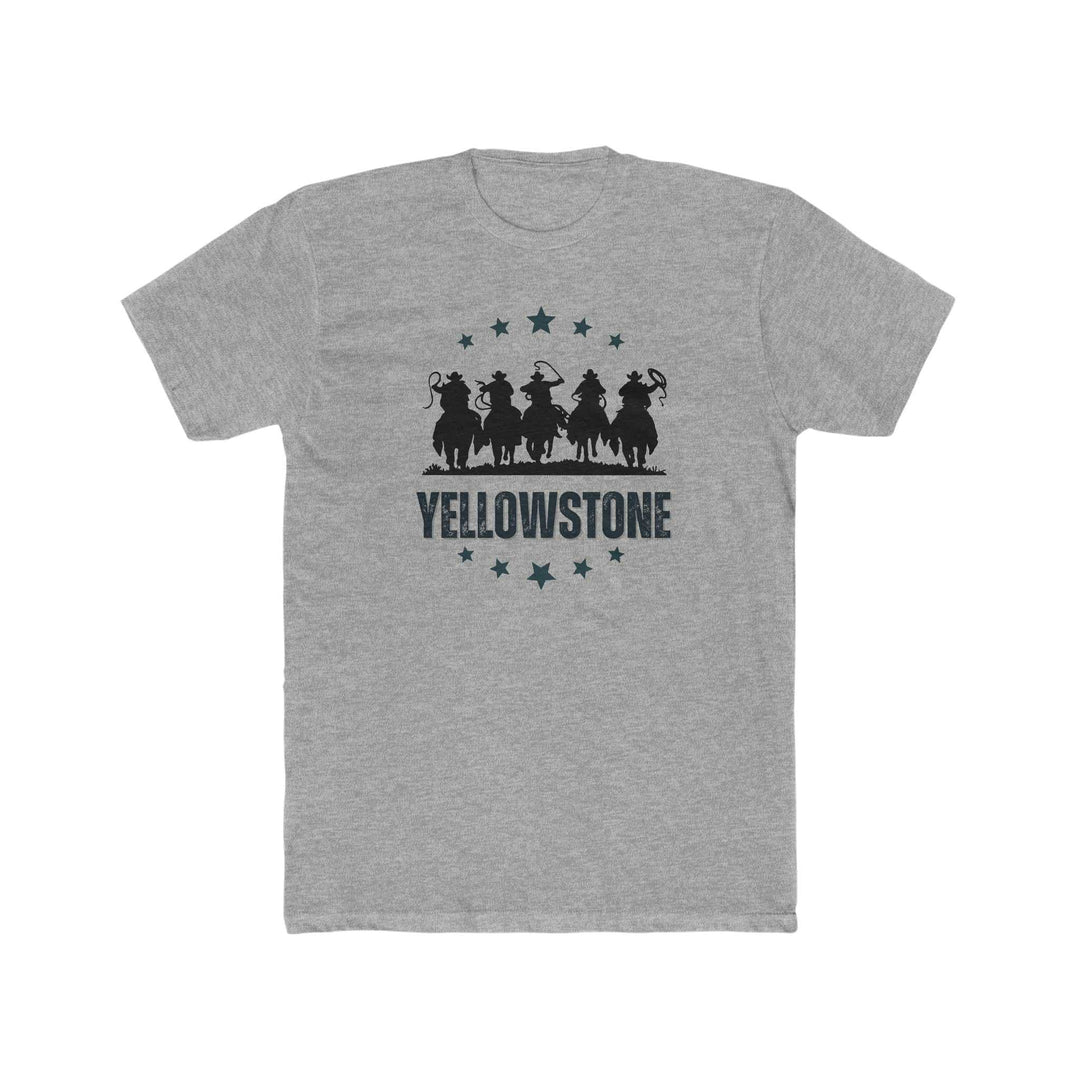 Yellowstone Tee: Grey t-shirt featuring a group of cowboys on horseback. Premium fit, ribbed knit collar, 100% combed cotton. Roomy and comfy for workouts or daily wear.