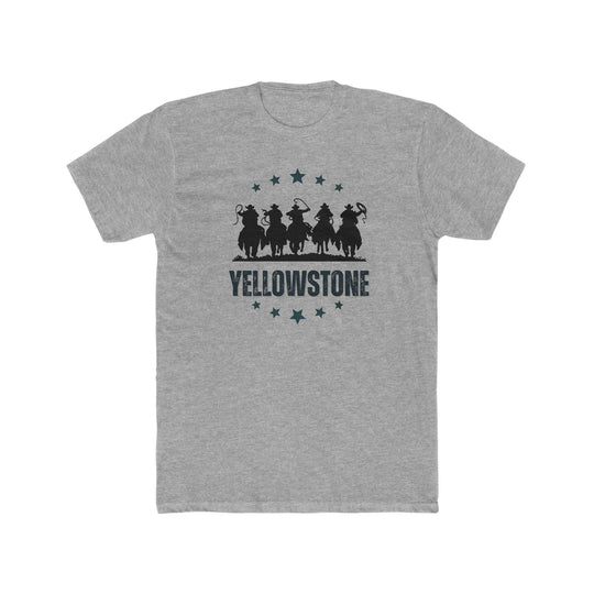 Yellowstone Tee: Grey t-shirt featuring a group of cowboys on horseback. Premium fit, ribbed knit collar, 100% combed cotton. Roomy and comfy for workouts or daily wear.