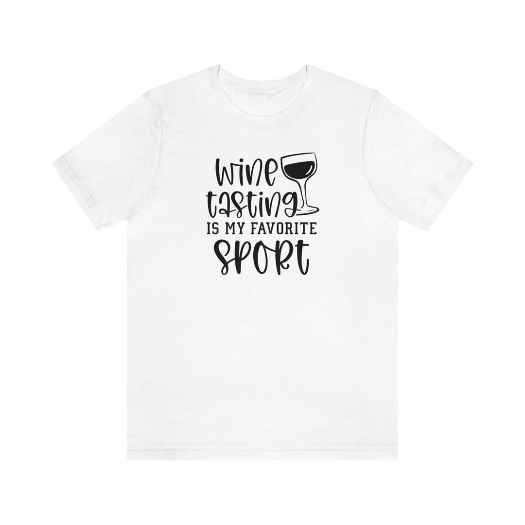 A classic unisex white tee with black text, featuring a wine glass design. Made of 100% Airlume combed cotton, retail fit. Ideal for wine enthusiasts.