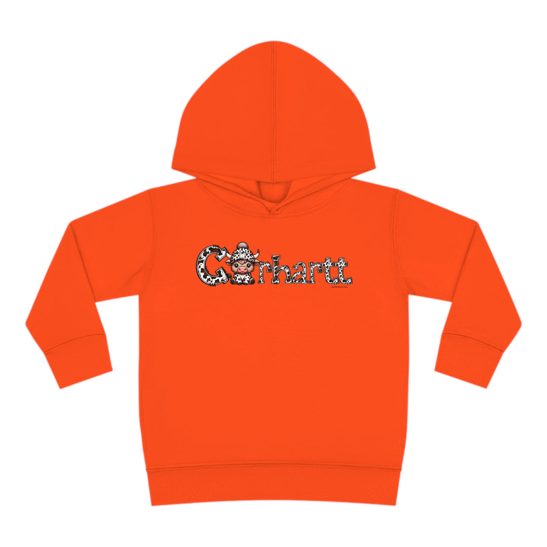 Toddler hoodie featuring a cow logo, jersey-lined hood, cover-stitched details, and side seam pockets for durability and coziness. 60% cotton, 40% polyester blend. Sizes: 2T, 4T, 5-6T.