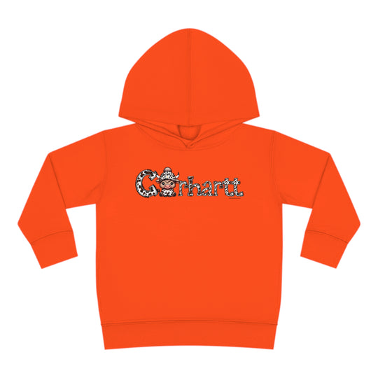 Toddler hoodie featuring a cow logo, jersey-lined hood, cover-stitched details, and side seam pockets for durability and coziness. 60% cotton, 40% polyester blend. Sizes: 2T, 4T, 5-6T.