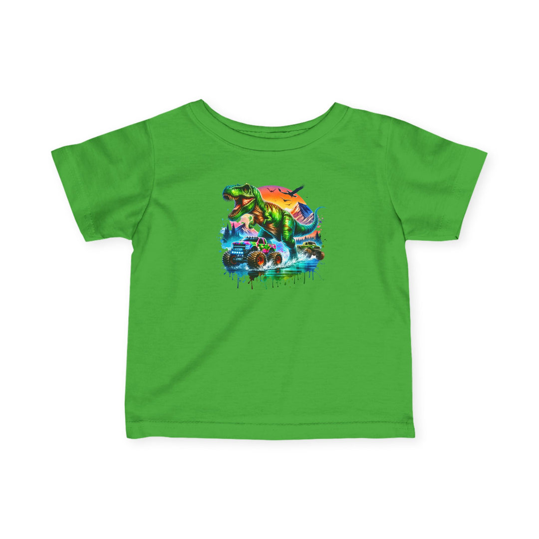 Dino Truck Baby Tee featuring a vivid T-rex, monster trucks, and a dynamic sunset scene, embodying a graffiti-inspired look, perfect for stylish toddlers.