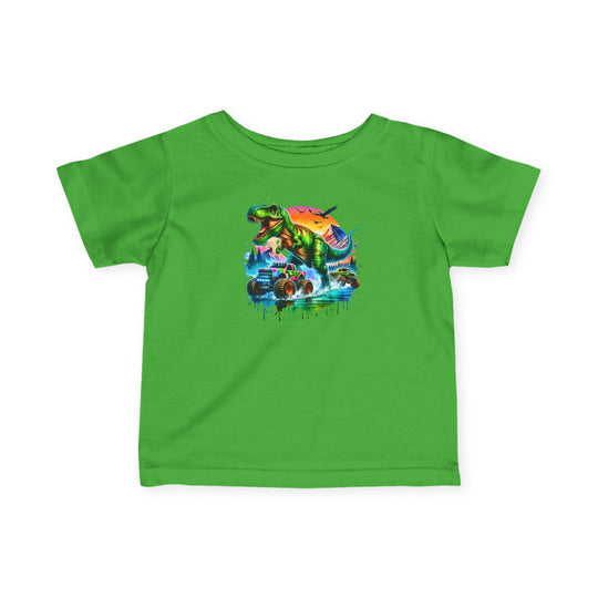 Dino Truck Baby Tee featuring a vivid T-rex, monster trucks, and a dynamic sunset scene, embodying a graffiti-inspired look, perfect for stylish toddlers.