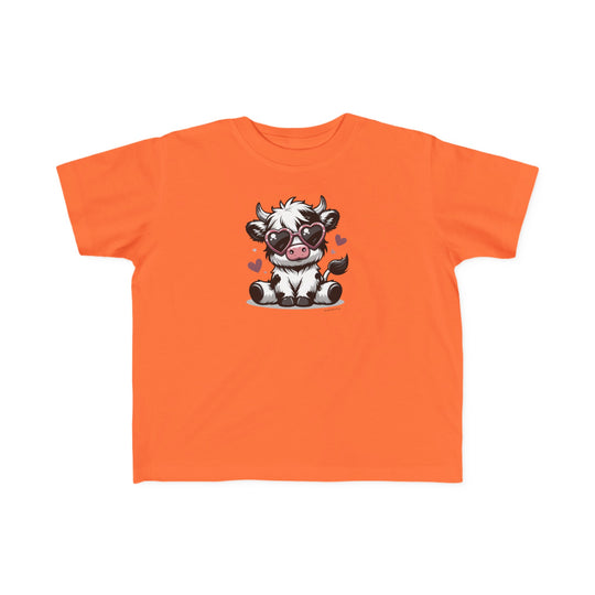 A Cute Cow Toddler Tee featuring a cartoon cow in sunglasses on an orange shirt. Made of soft 100% combed ringspun cotton, light fabric, tear-away label, and a classic fit. Sizes 2T to 5-6T available.