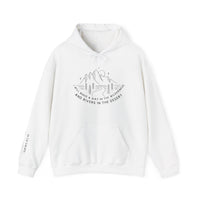 A white unisex heavy blend hooded sweatshirt featuring a logo design, made of 50% cotton and 50% polyester for warmth and comfort. Kangaroo pocket and matching drawstring for style and practicality.